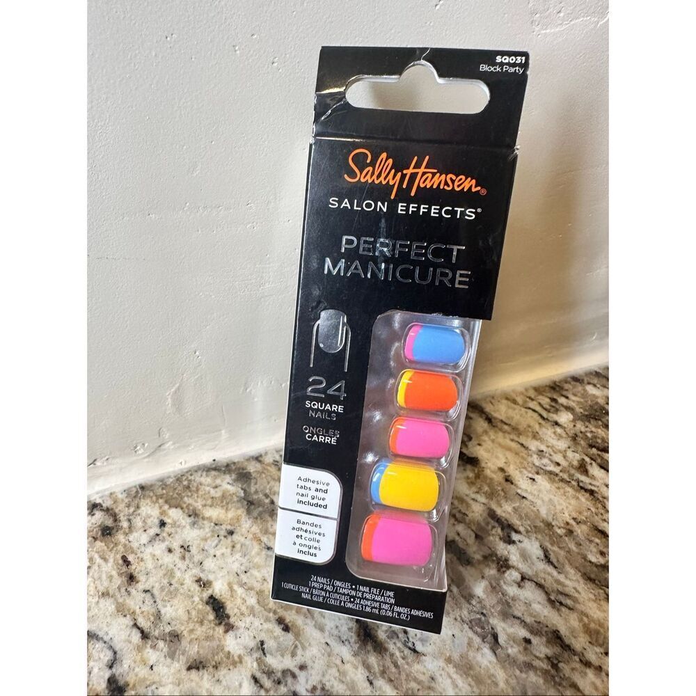 Sally Hansen 24 Square Press on Nails With Glue Square Shape Block Party Multi C